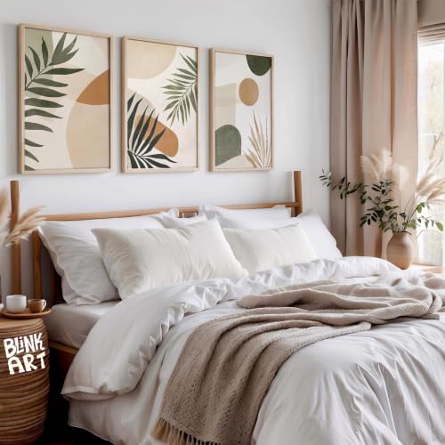 Image of BLINKART Set of 3 GREEN PALM LEAF Natural Brown Frame Painting for Wall Decoration - Modern Art Wall Decor Framed Painting for Living Room Bedroom - Framed Wall Posters /Paintings (8X12 inch)