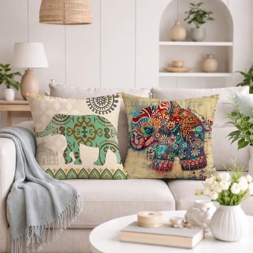 STITCHNEST Elephant Printed Jute Cushion Cover Set of 2, (24 X 24 Inches with Filler)