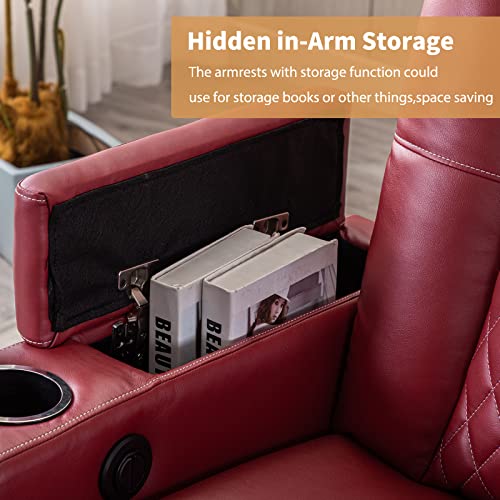 ANJ Power Recliner Chair Set of 3, PU Leather Electric Home Theater Seating with USB Ports and Cup Holders, Red Overstuffed Reclining Furniture with Hidden Arm Storage