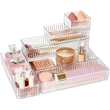 Vtopmart 7 PCS Clear Drawer Organizers Bins, 4-Size Stackable Makeup and Vanity Drawer Organizer Trays, Acrylic Bathroom Drawer Storage Containers for Cosmetic, Office Supply, Kitchen Utensils Gadgets