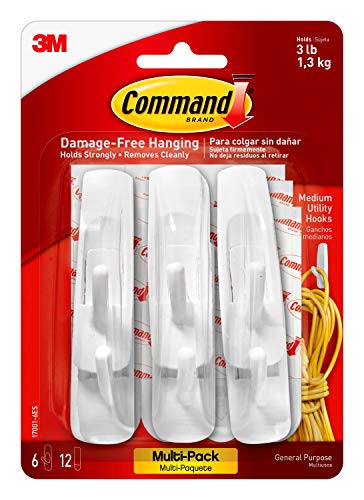 Command 3M 17001-VP-6PK - Ganchos autoadhesivo universal (tamaño medio, 6 unidades), color blanco
