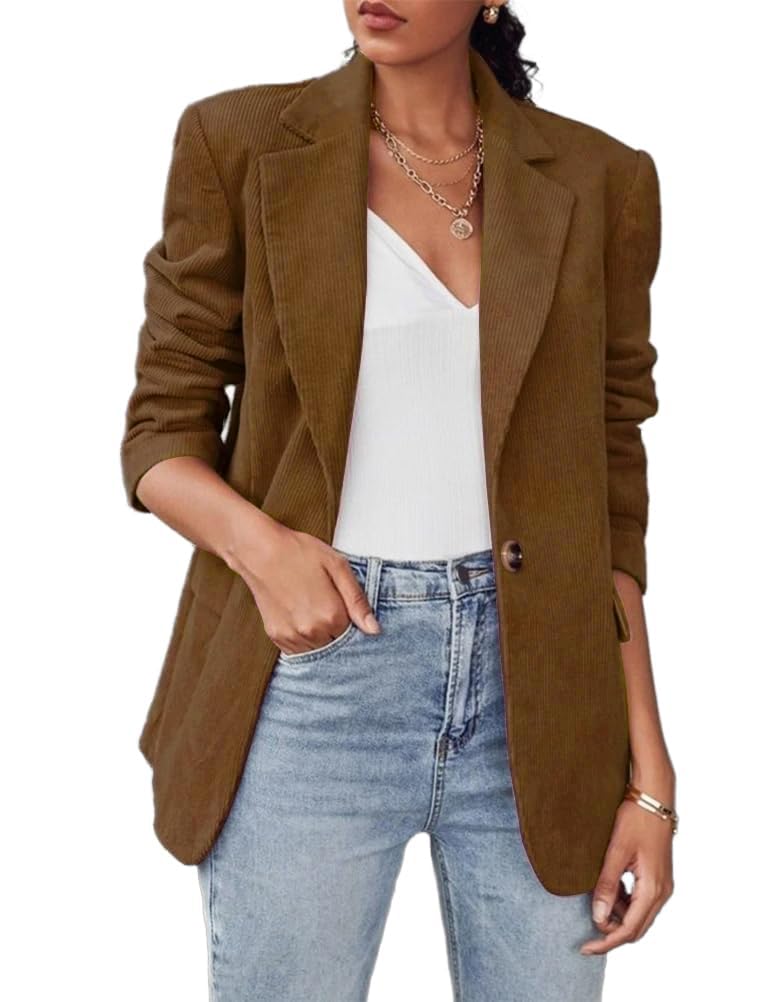 Photo 1 of IDEALSANXUN Corduroy Blazer for Women Business Casual Fall Winter Dressy Work Business Office Suit Jackets, Brown, M