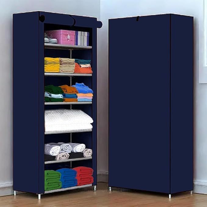 Image of AWTATOS Multipurpose Collapsible Wardrobe Cabinet | Foldable Fabric Organizer with 6-9 Shelves | Portable Clothes Storage Rack for Bedroom, Home & Office (Blue, 6 Layer)