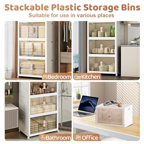 Storage Bins with Lid 120QT, Stackable Storage Containers with Wheels and Magnetic Doors, Plastic Clothes Closet Organizers and Storage Box for Pantry, Home and Office (4 Pack)
