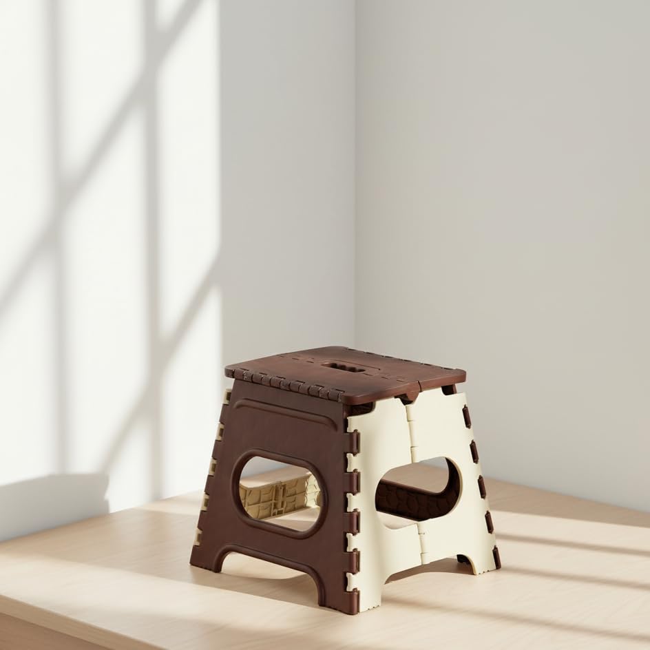 Image of U-MAX 12 Inch Folding Stool - Compact, Portable Step Stool for Kids & Adults, Lightweight Plastic Design, Slip-Resistant, Ideal for Kitchen, Bathroom, Camping & Travel (Brown / 12 inch)