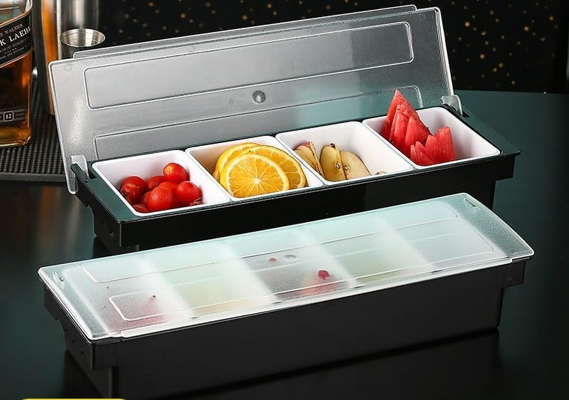 THW® Ice Cooled Condiment Holder Dispenser Tray for Candy, Dips & Salad | Toppings Serving Container Chilled Garnish Tray Bar Caddy for Home Work or Restaurant (4 Compartment)