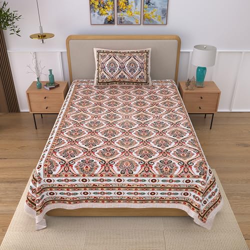 Image of 100% Cotton Single Bedsheet with 1 Pillow Cover | 240 TC Pure Cotton Flat Bed Sheet | Traditional Jaipuri Printed Bedding Set | Soft & Breathable | 60 x 90 Inch (Rangmahal Single 26)