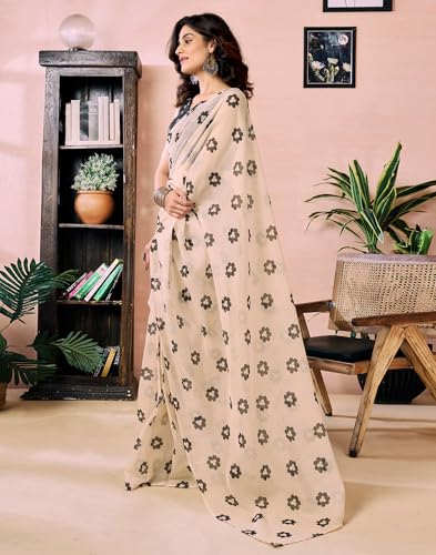 Image of SIRIL Women's Printed Chanderi Cotton One Minute Ready to Wear Saree with Unstitched Blouse Piece