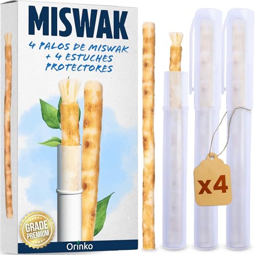 ORINKO 4 palos de Siwak + 4 estuches de protección – Miswak cepillo de dientes natural ecológico y vegano – cuidado de la boca tradicional y blanqueamiento dental