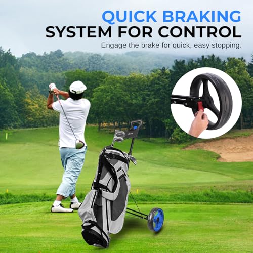 Image of SereneLife Golf Push Pull Cart with Deluxe Scorecard Holder, Adjustable Handle, Upper & Lower Strap Brackets, Lightweight Foldable Design with Quick Brake & Compact Folding