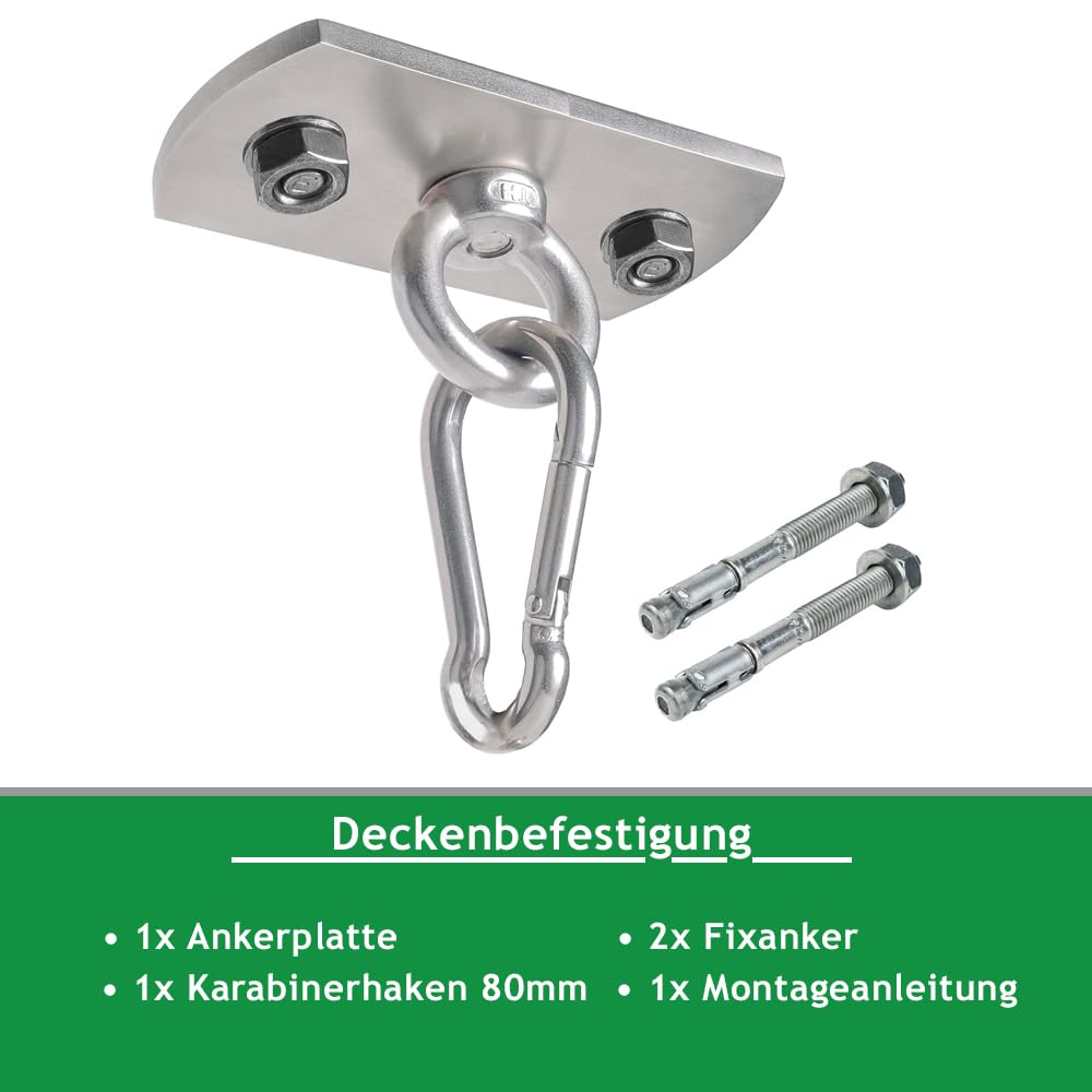 Boxsack Deckenhalterung aus V2A Edelstahl - Profi Befestigung mit hoher Tragkraft für Boxsack Sling Trainer Yogatuch: (Beton-Set + Karabiner)