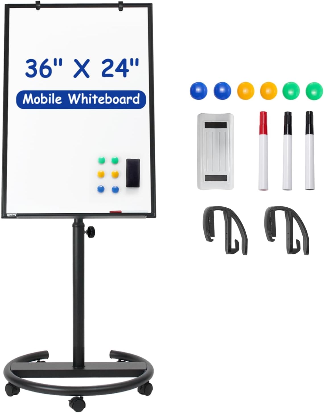 Mobile Whiteboard, 36” x 24” Magnetic Portable White Board on Wheels, Height Adjustable Standing Dry Erase Board with Stand, Easel Style Rolling Whiteboard for Classroom, Office, Teacher, Home Black
