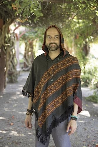 Om Shanti Crafts Hooded Poncho with Fringes, Vegan Wool Wrap, Handmade in India. Unisex2