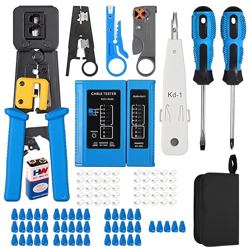 Image of ELECTRO WOLF Crimping Tool Kit RJ45 CAT5 CAT5E CAT6 Crimping Tool, Network Cable Tester, Wire Punch Down Cutter, 50pcs RJ45 CAT6 Pass Through Connectors, 50pcs Covers, 9v Battery (Blue)