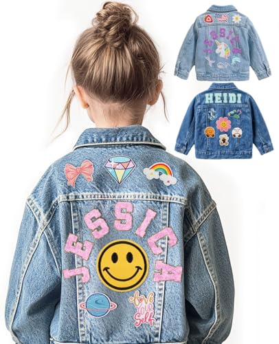 Personalized Jean Jacket for Girls Boys Custom 1-12 Years Kids Long Sleeve Denim Jacket with Name Patch Customized Back to School Christmas Birthday Gifts