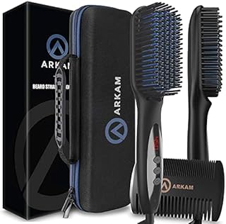 Arkam Beard Straightener for Men -Premium Heated Beard Brush Kit w/ Anti-Scald Feature, Dual Action Hair Comb and Hard Shell Travel Case for Medium to Long Beards - Costume and Grooming Gifts for Men
