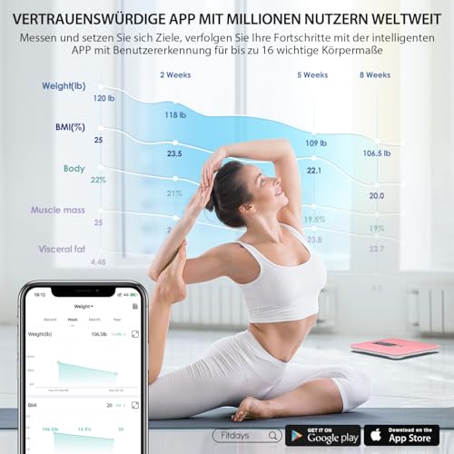 ABLEGRID Wiederaufladbar Körperfettwaage, LED Personenwaage Digital Mit Körperfett Und Muskelmasse Körperfettanalyse, 16 Messungen Der Körperzusammensetzung BMI, Herzfrequenz, 180kg, Rosa 4