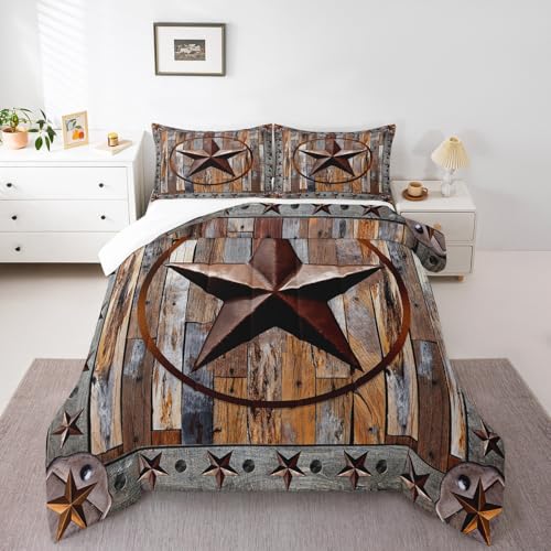 Image of Western Texas Star Comforter Rustic Wood Grain Comforter Set for Boys Girls Children Rustic Farmhouse Bedding Set Vintage Style Duvet Set Room Decor Quilt Set Queen Size