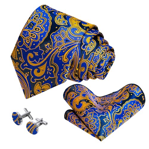 Image of 5PCS Tie and Pocket Square for Men, Silk Necktie and Handkerchief Cufflinks with Gold Ring and Lapel Pin Set