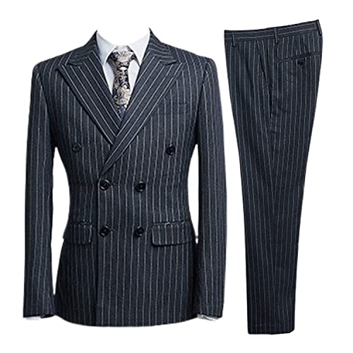 Men's Stripe Suit 2-Piece Double Breasted Jacket Peak Lapel Tuxedo Pants for Business Formal