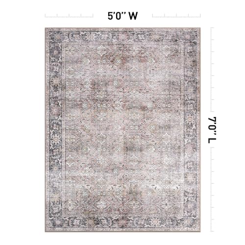 Rugshop Olive/Gray Vintage Distressed Area Rug — Machine Washable, 5' X 7' for Living Room, Bedroom and Home Office