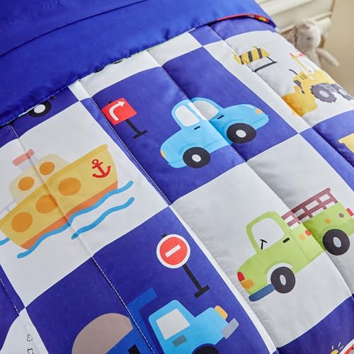 Image of White Navy Toddler Bedding Set for Boys Girls Colorful Cars Vehicle Auto Fire Engine Bulldozer 4PC Toddler Bed Set - Soft Cute Toddler Plaid Patchwork Bed in a Bag with Sheet Set and Pillow Shams