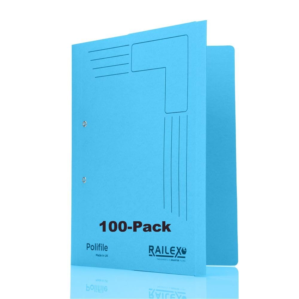 Railex Polifile A4 Folder - Turquoise Pack of 100 for Paperwork A4, Lever Arch File and Ring Binder Alternatives with Flexible Spine and Document Wallet, Cardboard Folders with Durable Plastic Prong