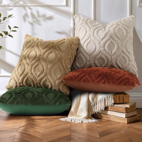 decorUhome Throw Pillow Covers 20x20 Inch Set of 2, Soft Plush Decorative Faux Fur Light Brown Solid Couch Pillow Covers, Accent Farmhouse Neutral Square Euro Pillow Cases for Sofa Bed Living Room