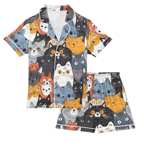 ALAZA Colorful Cat Kitten Animal Satin Pajamas Set Short Sleeve Button Down Sleepwear Summer Pjs 2 Piece