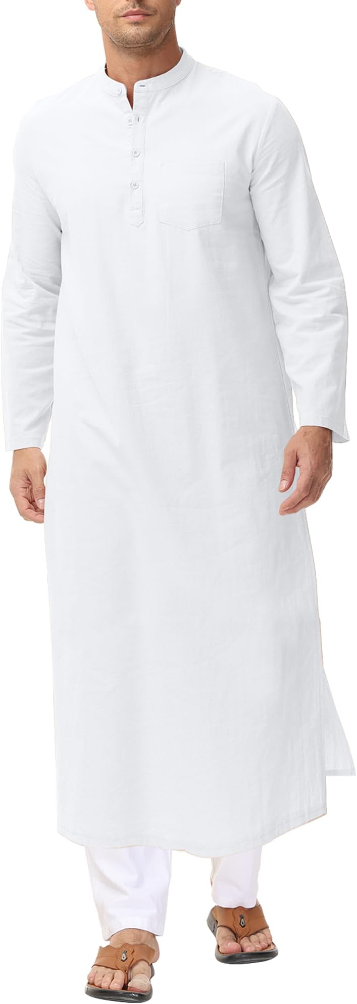 LVCBL Kaftan for Men Long Sleeve Caftan Thobe Side Split Muslim Robe Button Down Long Gown Tunic Shirts