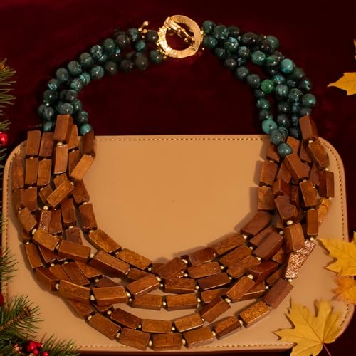 Wooden Beaded Layered Necklaces for Women,Turquoise Bohemian Chain,Statement Necklace for Women4