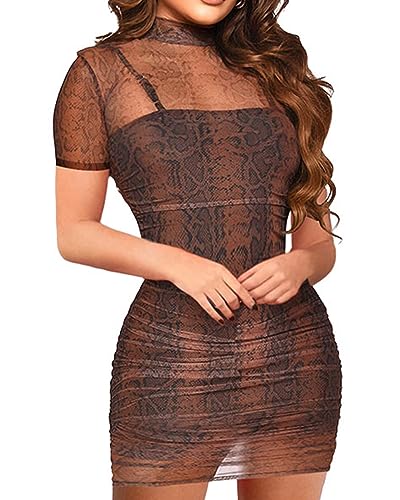 Image of MOEENCN Sexy Short Sleeve Mini Dress for Women Sheer Mesh Printed Two Piece Skirt Set Crew Neck See Through Bodycon Party Clubwear