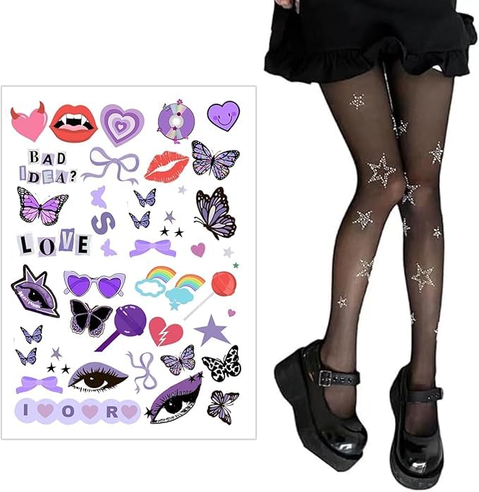 Y2k Star Rhinestone Tights Thigh High Stockings Gothic Stockings Pantyhose Temporary Tattoos for Fans Merch