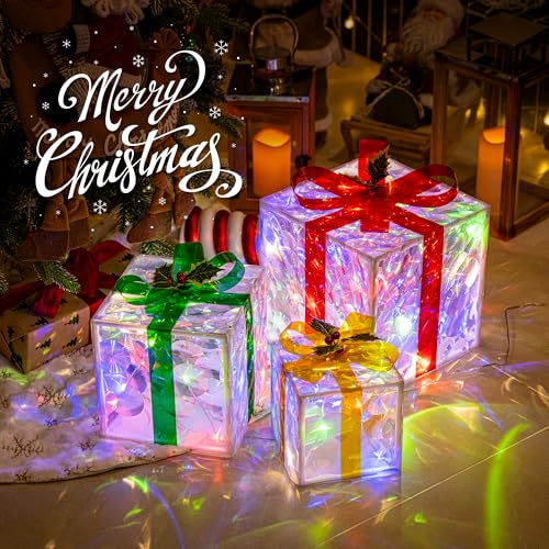 Set of 3 Christmas Lighted Gift Boxes,8 Light Modes Light Up Present Boxes Christmas Decorations for Indoor Outdoor Porch Yard Tree Holiday Decor(Color Changing) - Image 4