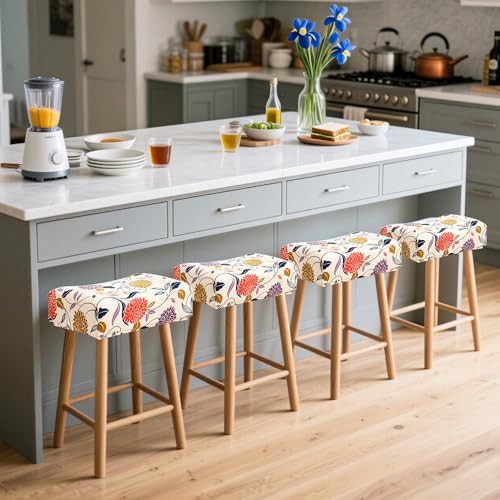 Image of Waterproof Bar Stool Covers Set of 4 Rectangle Floral Stretchable Backless Barstool Seat Cover Counter Bar Stool Slipcovers 18x14inch Washable