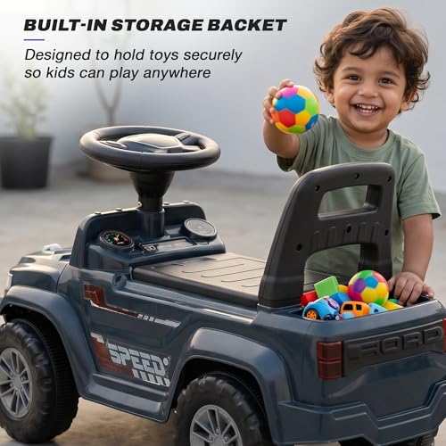 Image of Baybee Speedy Baby Ride on Car for Kids | Portable Kids Car with LED Lights, Music & Storage Basket | Push Toy Cars with High Backrest | Toddler Rideons Jeep for 1 to 3 Years Boys Girls (Navy Blue)