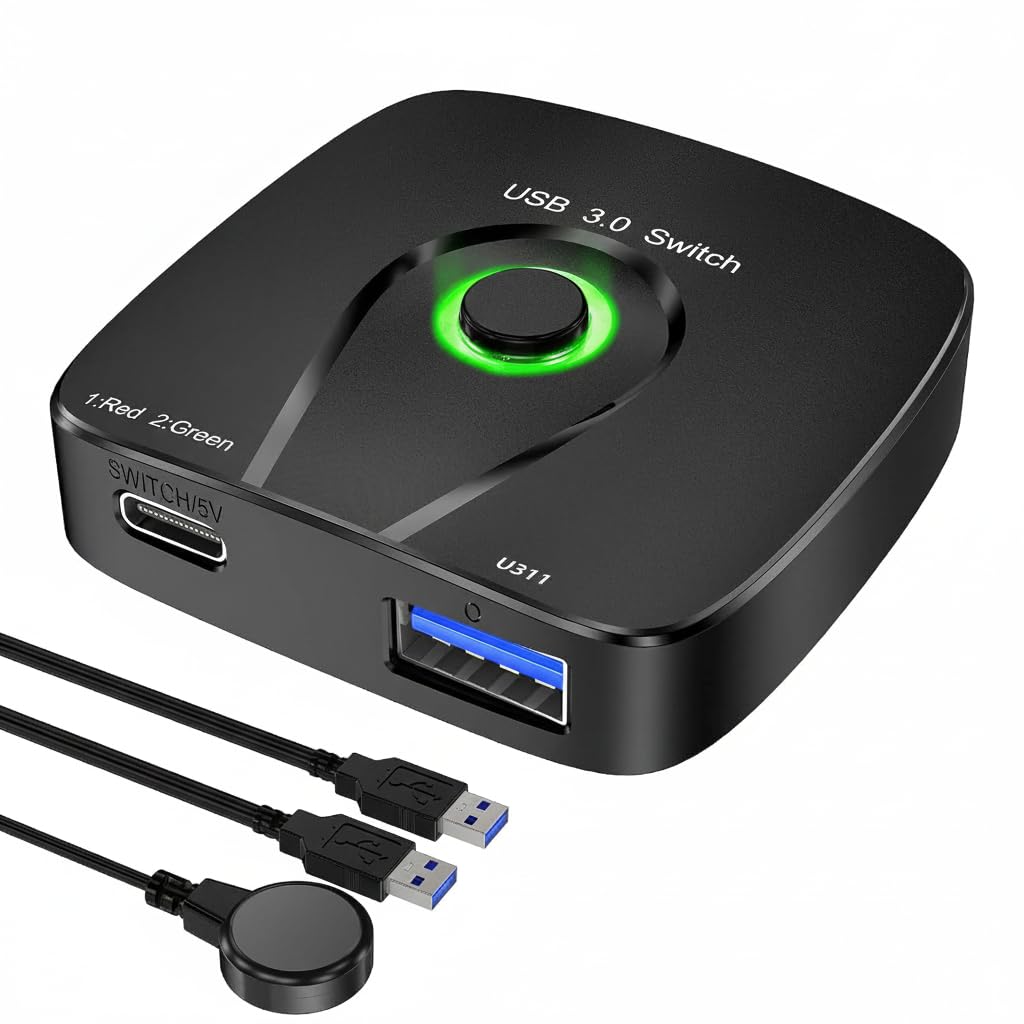 USB Switcher 2 in 1 Out, USB 3.0 Switch for 2 Computers Share 1 Device for Keyboard Mouse Printer with 2 USB Cables