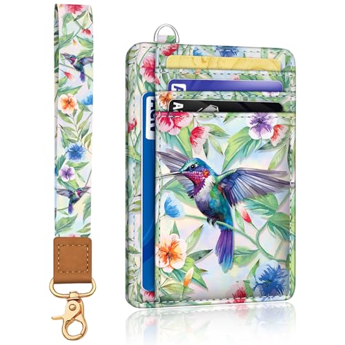 Image of Yonlevres Hummingbird RFID Wristlet Wallet Women Credit Card Holder Slim | Front Pocket, Handy, RFID Blocking, Woman Girls Ladies Gifts, D-ring for Keychain,Thin Mini Card Case, ID Window, PU Leather