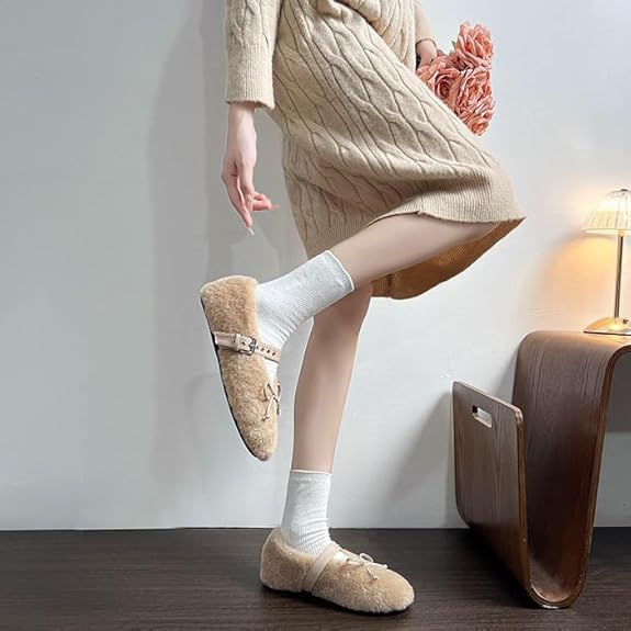 Fur Ballet Flats with Buckle for Women Comfy Faux Shearling Mary Jane Flats Comfy Cute Faux Fur Flat Shoes for Women2