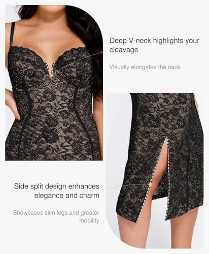 Image of Popilush Lace Corset Dress with Built in Shapewear Formal Cocktail for Women Deep V Neck Side Slit Bodycon Midi Black
