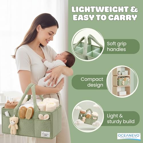 Image of OCEANEVO Fur Diaper Caddy Organizer Bag | WITH Diaper Changing Mat, Bag Charm and Luggage Tag | New Born Baby Essentials | For Mothers for Travel - 38 x 25 x 18 cm - Green - 1 Year Warranty