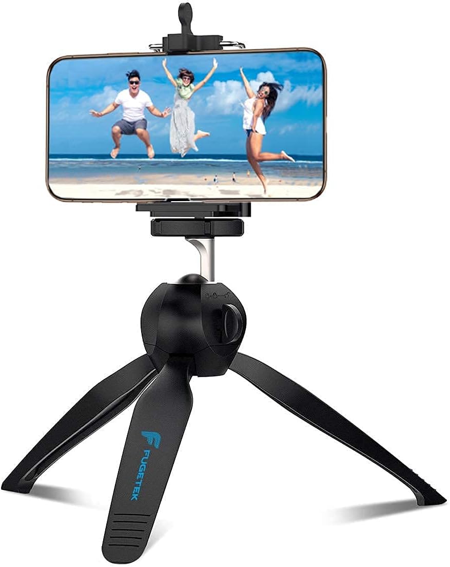 Fugetek Portable Mini Tripod Stand, with Phone Mount, Lightweight, Adjustable, Use for Selfies, Video, Facetime, Livestream, Compatible with iPhone, Android, GoPro, Digital Camera