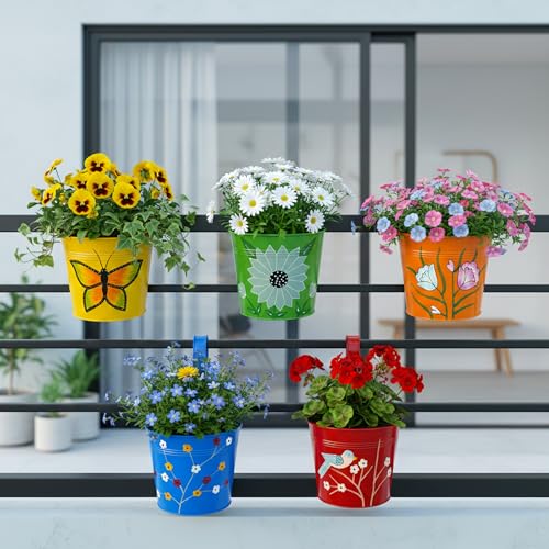 Image of Urban Plant Railing Hanging Metal Planter Pot | Gamla For Balcony | Bucket Planter For Home Decor | Pot For Indoor & Outdoor - Pack Of 5 (Floral),Multicolor