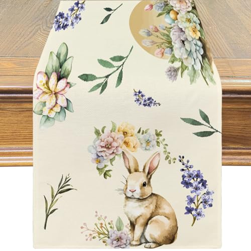 PATIO CHOICE Table Runner Easter Decorations Bunny Watercolor Easter Eggs Flower Easter Table Runners Kitchen Dining Table Decoration for Home Party Decor 13 x 72 Inch