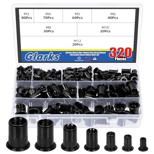 Glarks 320Pcs Metric Rivet Nuts Kit - Black Zinc Plated Carbon Steel Flat Head Threaded Insert M3-M12 Rivnut Assortment Set