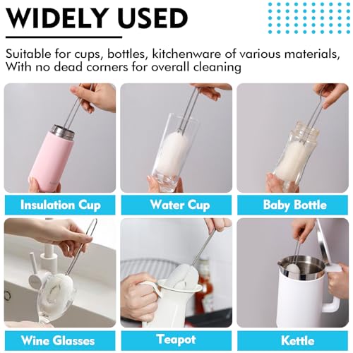 Image of Sponge Bottle Brush Set 8PCS Cup Cleaning Brush with Replaceable Sponge Stainless Steel Long Handle Bottle Scrubber Brush Baby Bottle Brushes (4 Brushes+4 Replacement Sponges + 4 Hooks)