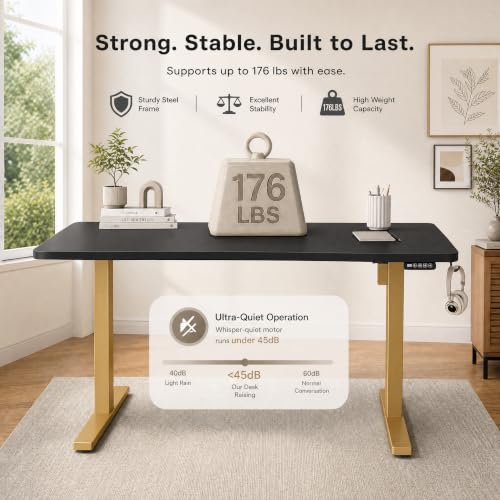 Image of Grandder 55x32 Extra-Deep Electric Standing Desk, Wide Desktop Fits 49 inch Ultrawide Monitor+Dual Screens, 176 lbs Capacity, 2 Memory Presets, Anti Collision, Computer Desk, Black Top&Gold Frame