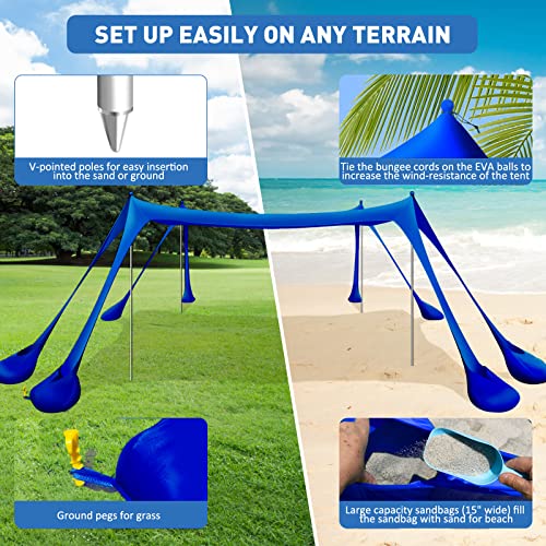 Wabolay Beach Tent Sun Shelter 10x10ft Beach Canopy Easy Pop Up Sun Shade Portable UPF50+ with 8 Sandbags-2 Sand Shovel-4 Aluminum Poles-Ground Pegs for Outdoor Family Camping Fishing Backyard Picnic - Image 4