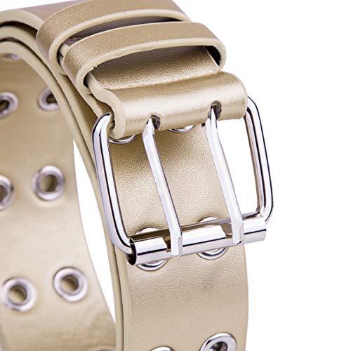 Sportmusies Double Grommets PU Leather Belts for Women Men, Fashion Solid Color Jeans Waist Belt2