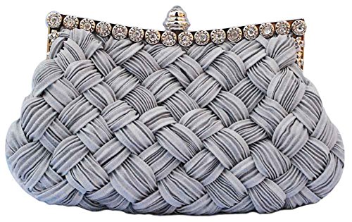 Chicastic Pleated and Braided Rhinestone studded Wedding Evening Bridal Bridesmaid Clutch Purse - Grey